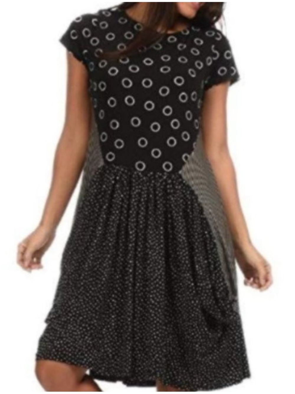 Alembika Gunner Black Gray Polka Dot and Striped Lagenlook Short Sleeve Dress 3